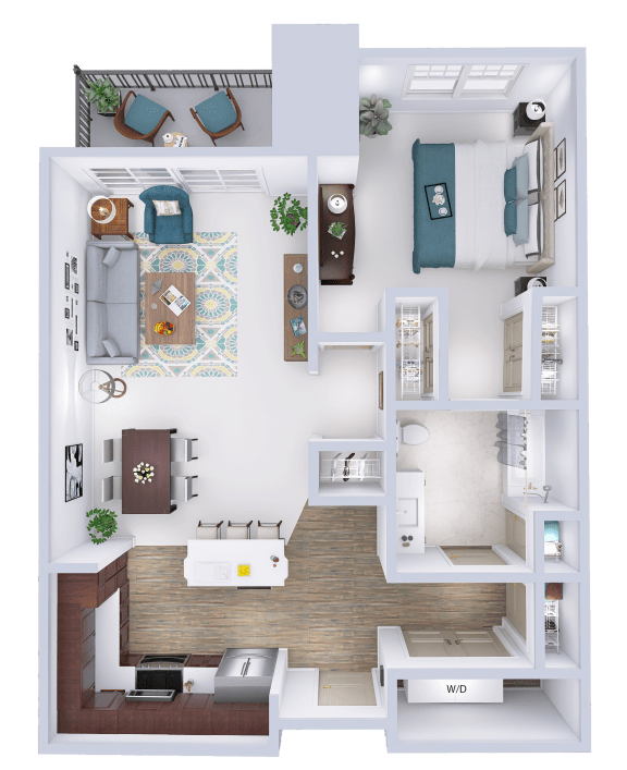 a 3d drawing of a bedroom with a living room