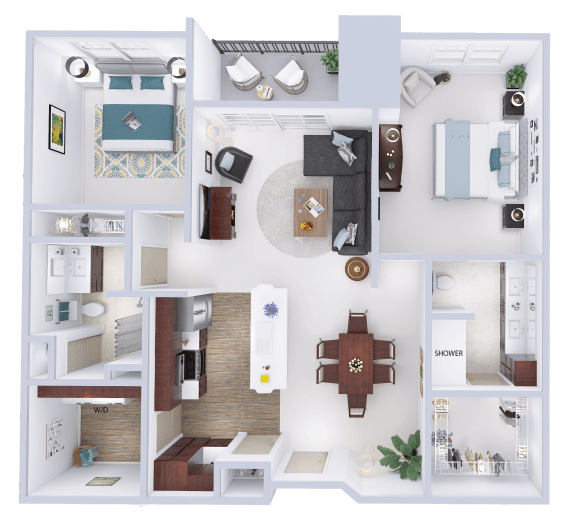 a 3d floor plan of a house with furniture and a living room