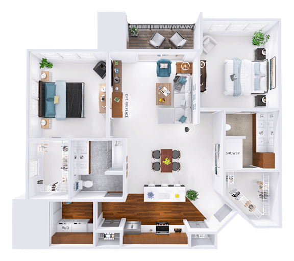 A detailed 3D floor plan of a house layout.