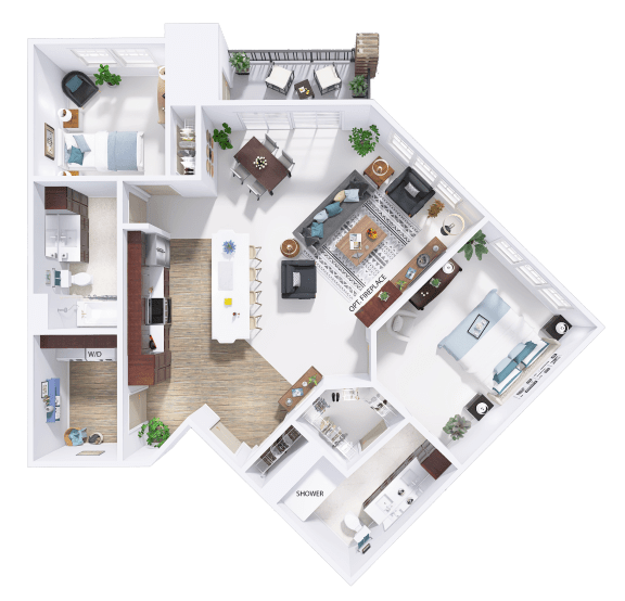 3d floor plan of a home with a bedroom and a living room