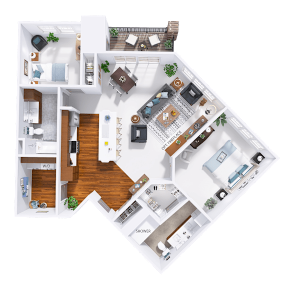 a 3d floor plan of a house with bedrooms and a living room