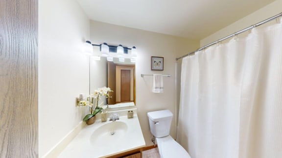 A white bathroom with a sink, mirror, toilet and shower curtain.