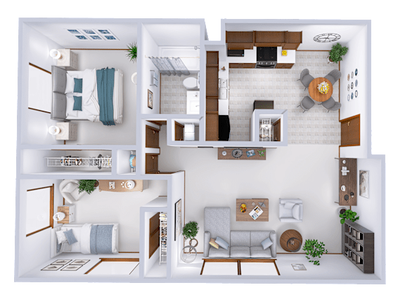 A 3D floor plan of a house showing a living room, kitchen, and bathroom.
