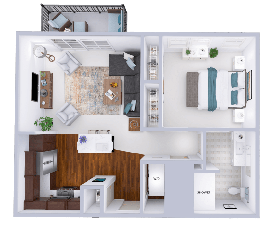 a 3d rendering of a furnished floor plan with a bedroom and living room