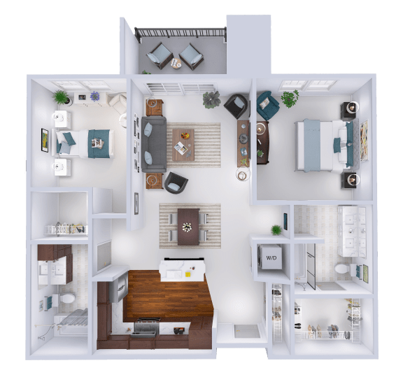 a 3d rendering of a bedroom and living room floor plan