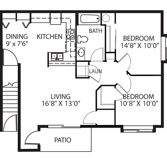 A black and white image of a floor plan for a house with a living area, dining area, kitchen, bathroom, and two bedrooms.