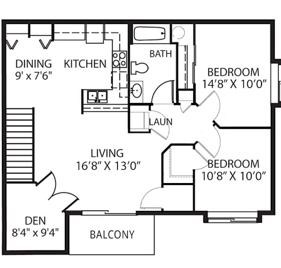 A black and white image of a floor plan for a home with a den, two bedrooms, a living room, a kitchen, a bath, and a laundry area.