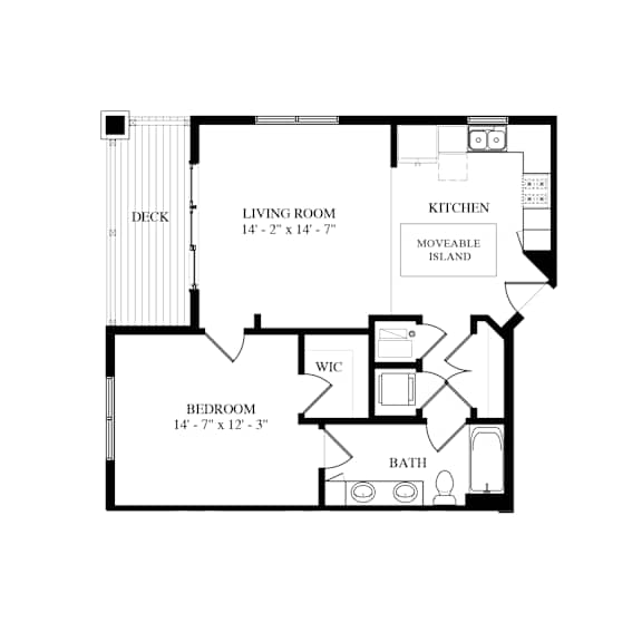 A floor plan of a small apartment with a living room, kitchen, bedroom, and bathroom.