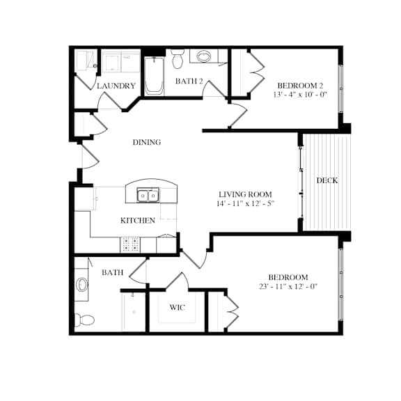 A floor plan of a house with a laundry room, two bedrooms, a living room, a kitchen, a dining room, and a WIC room.