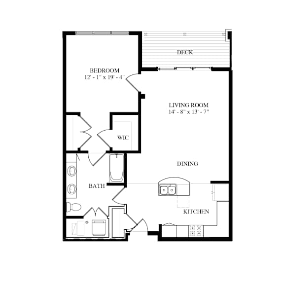 A floor plan of a house with a bedroom, living room, kitchen, dining room, and bathroom.