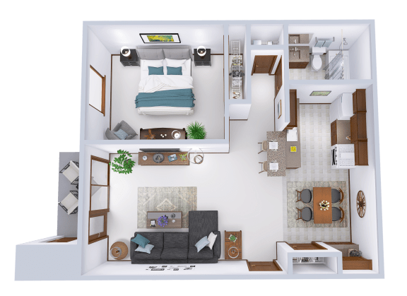 a 3d rendering of a bedroom and living room
