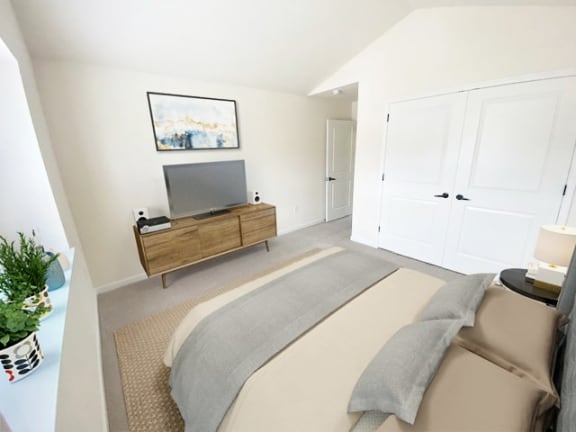 a bedroom with a bed and a tv in it