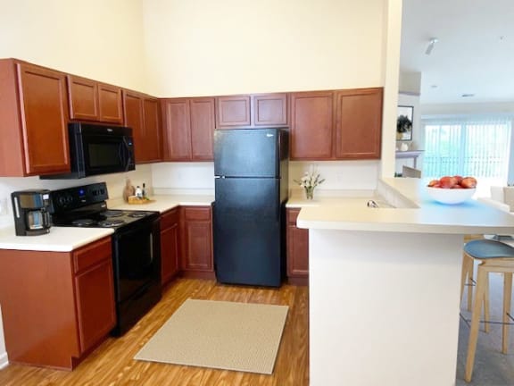 a kitchen with a black refrigerator and a sink