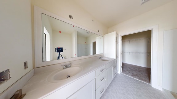 a bathroom with two sinks and a large mirror