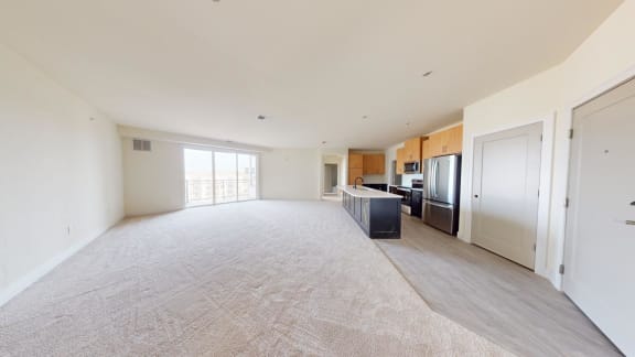 a spacious living room with a kitchen and a large carpeted floor
