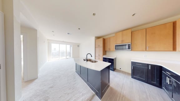 a large kitchen with black appliances and wooden cabinets