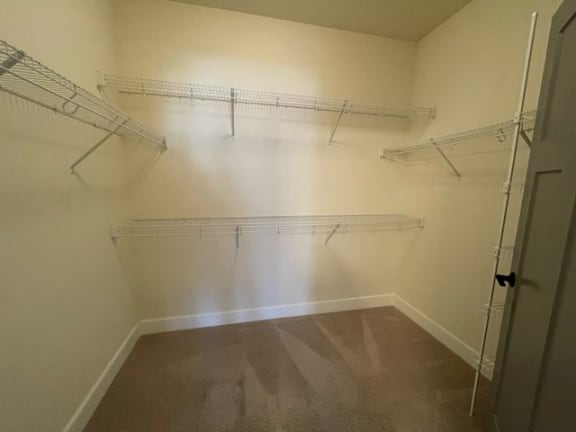 a walk in closet with empty shelves and a door