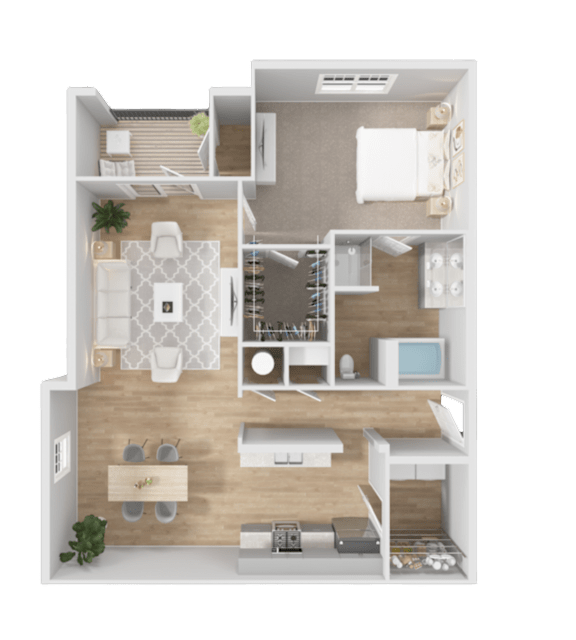 A 3D floor plan of a small apartment with a kitchen, living room, and bathroom.