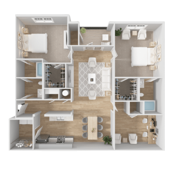 A detailed 3D floor plan of a house showing all rooms and furniture layout.