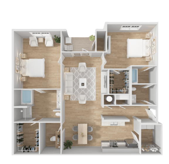A detailed 3D floor plan of a modern apartment layout.