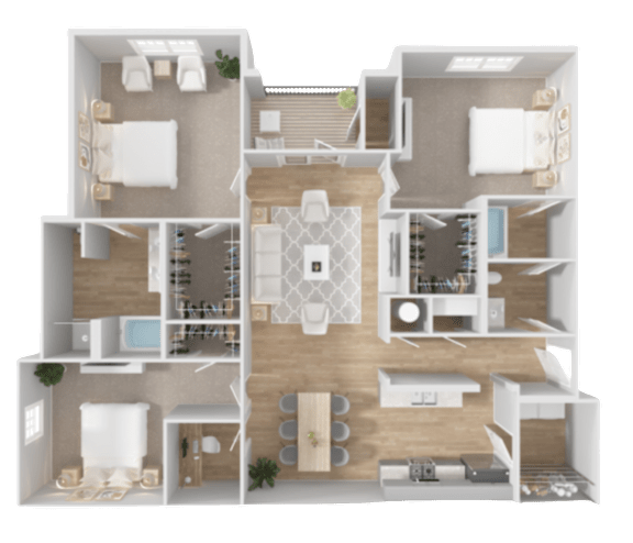 A 3D floor plan of a house with a kitchen, living room, dining room, and bedrooms.