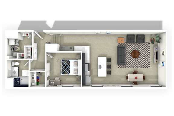 A floor plan of a house with a kitchen, living room, and bathroom.