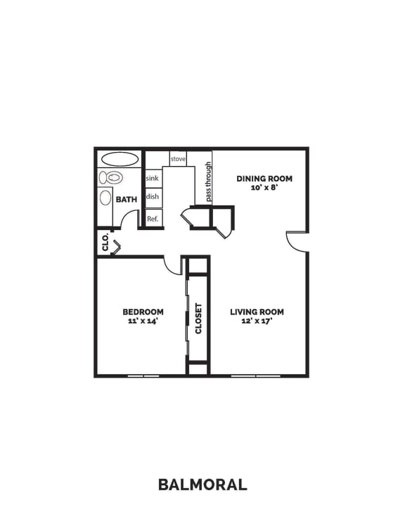1 bedroom 1 bathroom  737 Square-Foot Balmoral Floor Plan at Castle Point Apartments, South Bend, IN