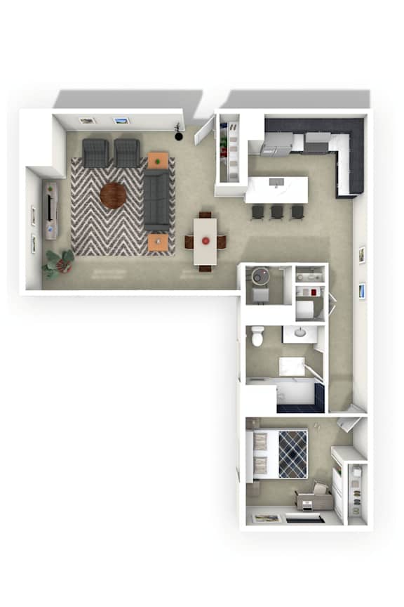 A floor plan of a small apartment with a living room, kitchen, and bedroom.