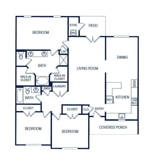 A floor plan of a house with a living room, dining room, kitchen, and multiple bedrooms.