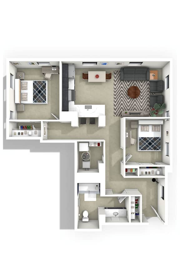 A floor plan of a small apartment with a kitchen, living room, and bathroom.