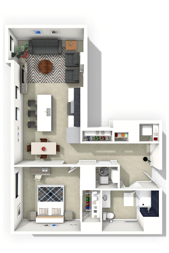 A 3D floor plan of a small apartment with a kitchen, living room, and bathroom.