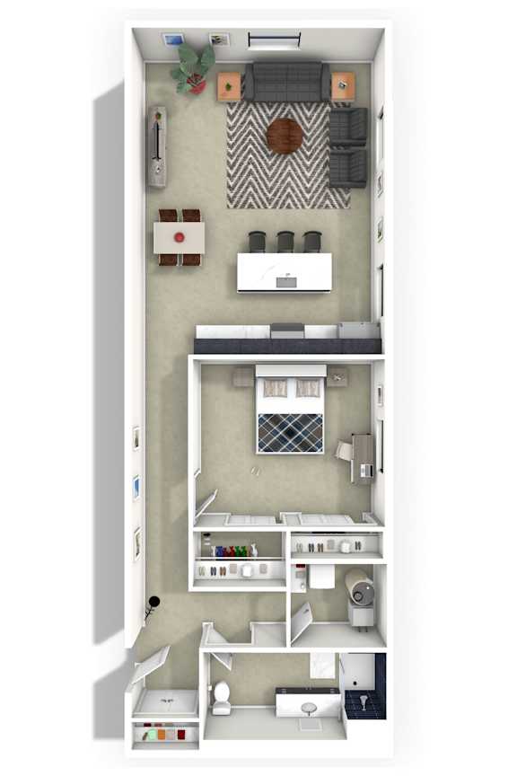 A 3D rendered image of a small, modern kitchen with a sink, stove, and refrigerator.
