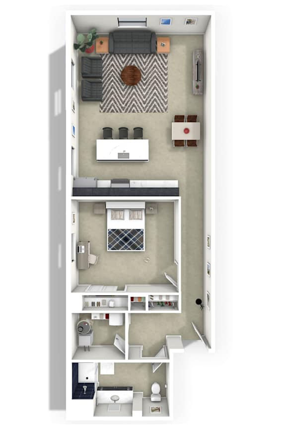 A floor plan of a small apartment with a kitchen, living room, and bathroom.