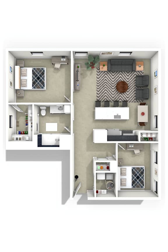 A 3D floor plan of a small apartment with a kitchen, living room, and bedroom.