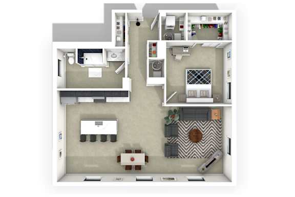 A 3D floor plan of a small apartment with a kitchen, living room, and bedroom.