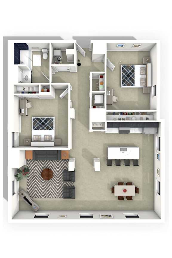 A top down view of a small apartment with a living room, kitchen, and bathroom.