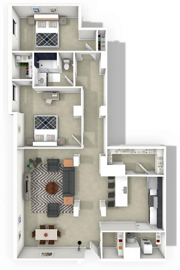 A floor plan of a two-story apartment with a living room, kitchen, and bedrooms.