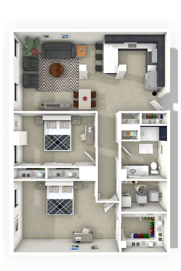 A top-down view of a small apartment with a kitchen, living room, and bedroom.