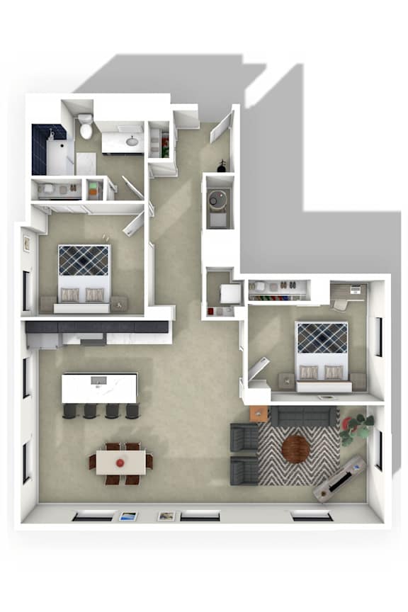 A 3D floor plan of a small apartment with a kitchen, living room, and bathroom.