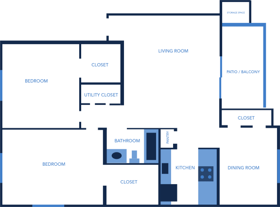 Floor Plan  Two Bedroom, One Bathroom 965 Sq Ft Apartment Home at Captiva Club Apartments in Tampa, Florida