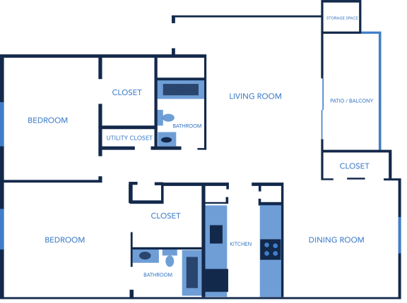 Floor Plan  Two Bedroom, Two Bathroom 1135 Sq Ft Apartment Home at Captiva Club Apartments in Tampa, Florida