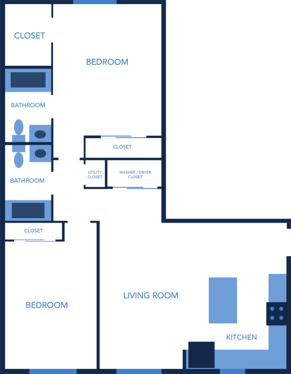 Floor Plan  Two Bedroom, Two Bathroom 961 Sq Ft Duchess Floorplan at Captiva Club Apartments in Tampa, FL