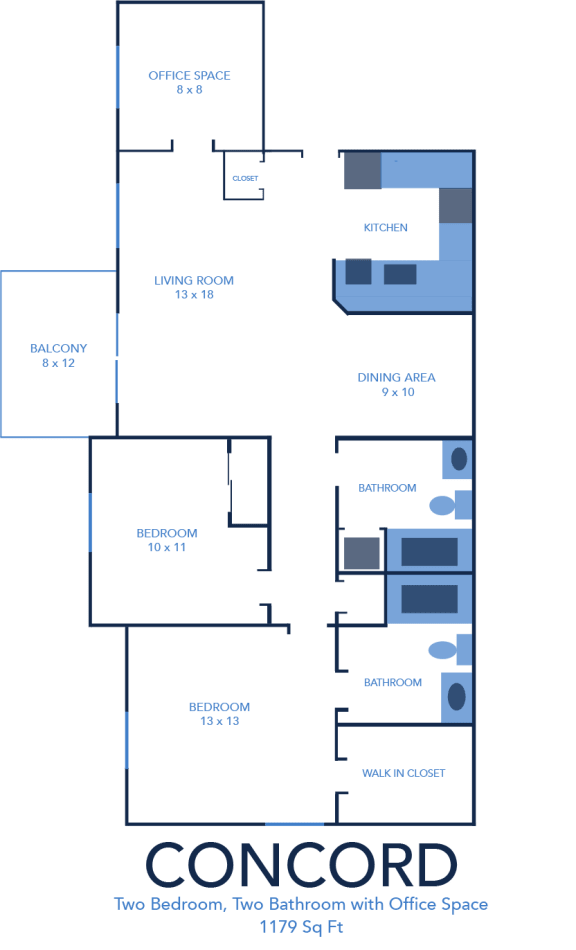 2 bed 2 bath B Concord Floor Plan at CenterPointe Apartments and Townhomes in Canandaigua NY 14424