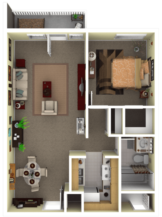 floorplan of a one-bedroom 1 bathroom unit with a balcony.