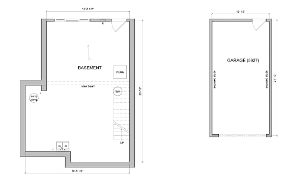 A floor plan of a basement with a garage labeled.