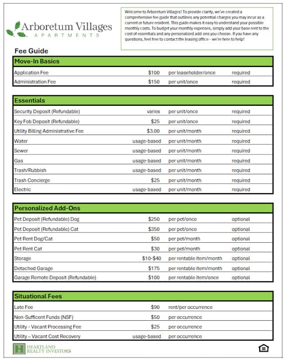 A green and white fee guide for Arboretum Villages apartments.