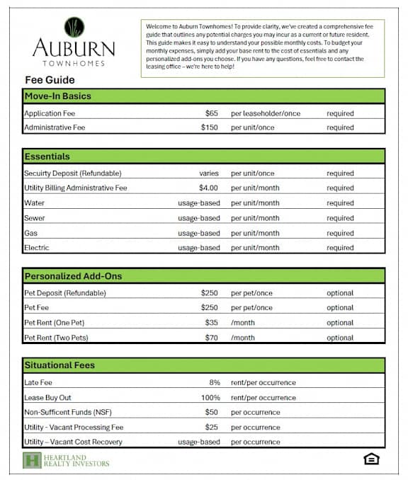 Auburn Townhomes Fee Guide detailing move-in basics, essentials, personalized add-ons, and situational fees.