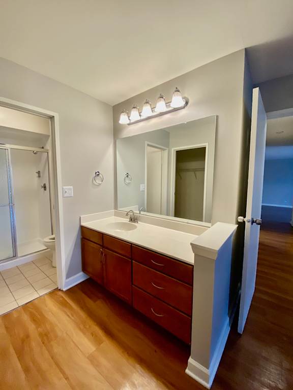 A bathroom with a sink, mirror, and wooden floors.