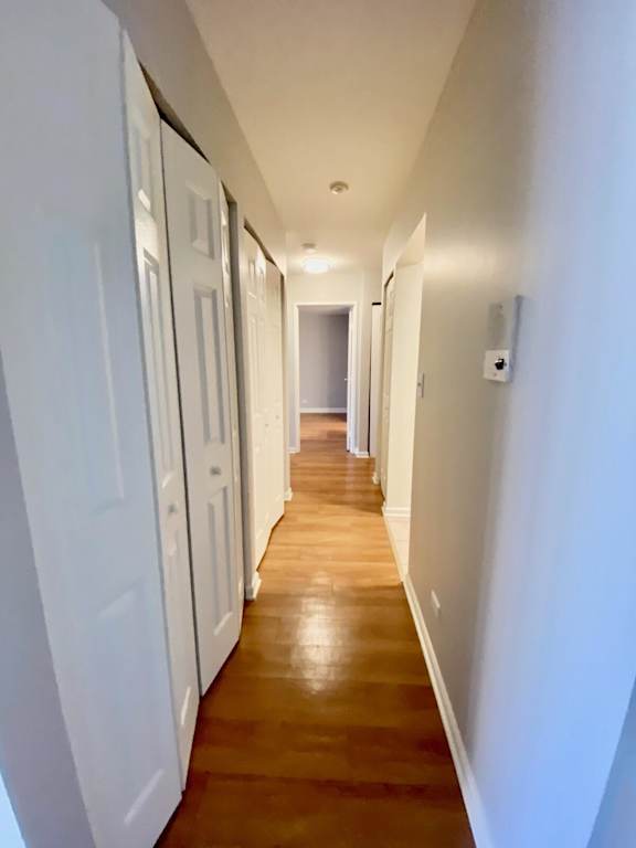 A long hallway with white doors on the left and wooden floors.