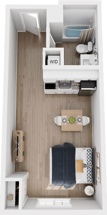 A small room with a bed, a toilet, a sink, and a small fridge.